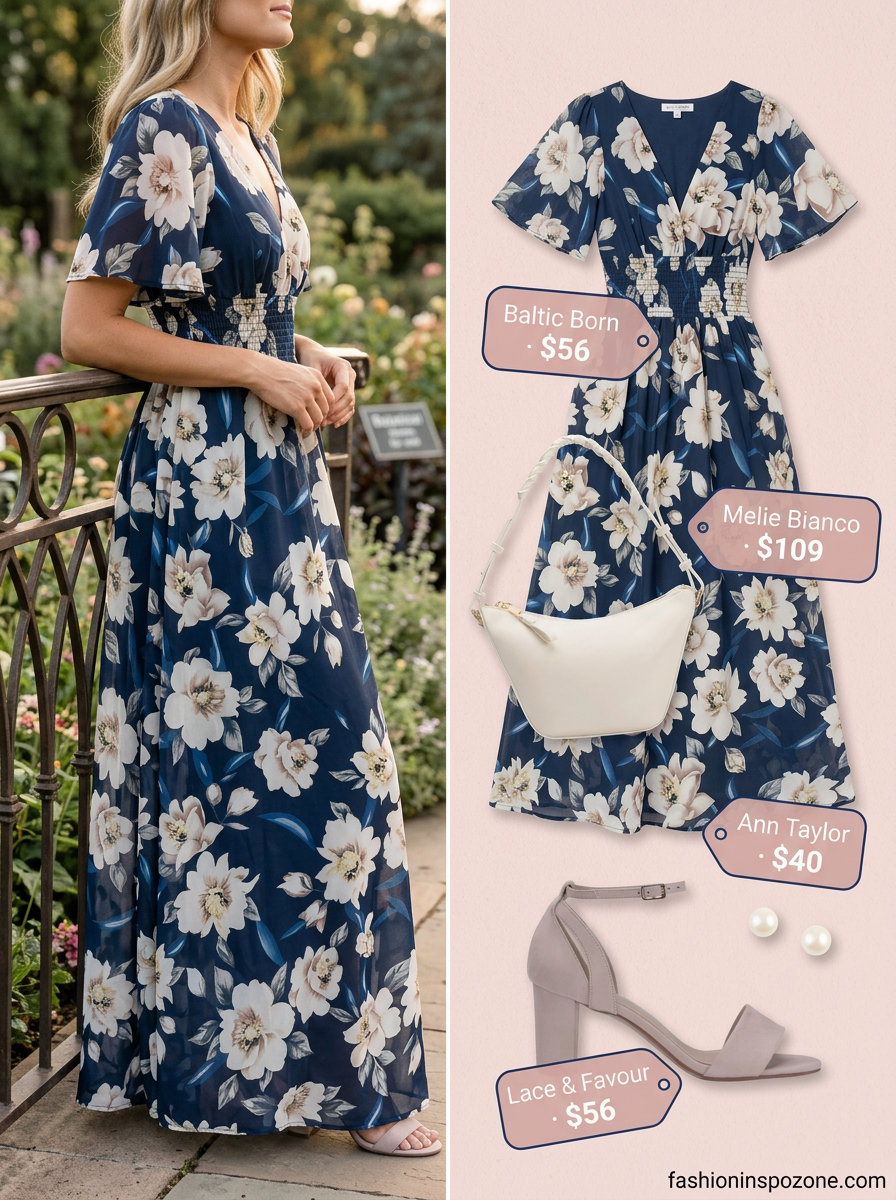 Navy ditsy floral chiffon summer flowy maxi dress 2026 for garden party. Smocked bodice, puff sleeves, block heels, crossbody bag.