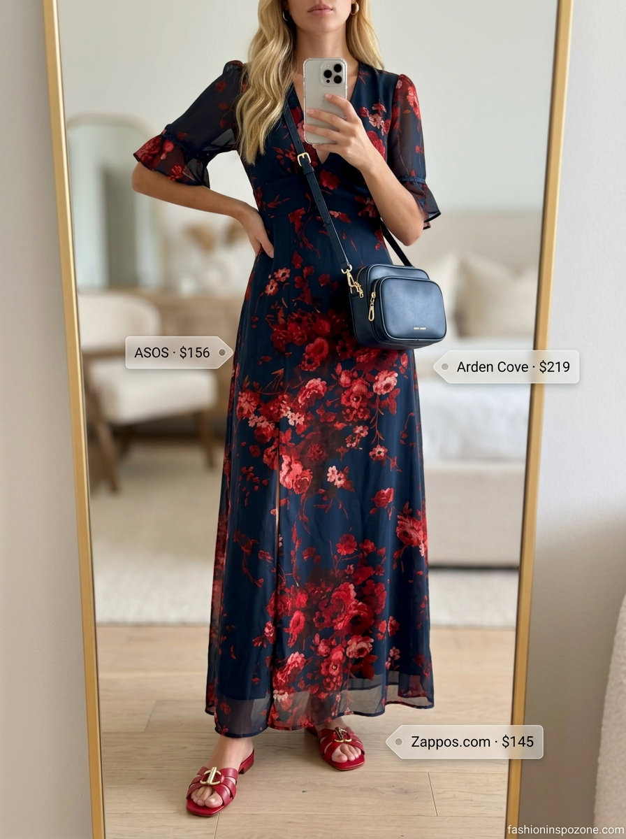 Navy floral chiffon summer flowy maxi dress 2026 for city sightseeing. Shirtdress style with red floral print, button-front, belt, red sandals.