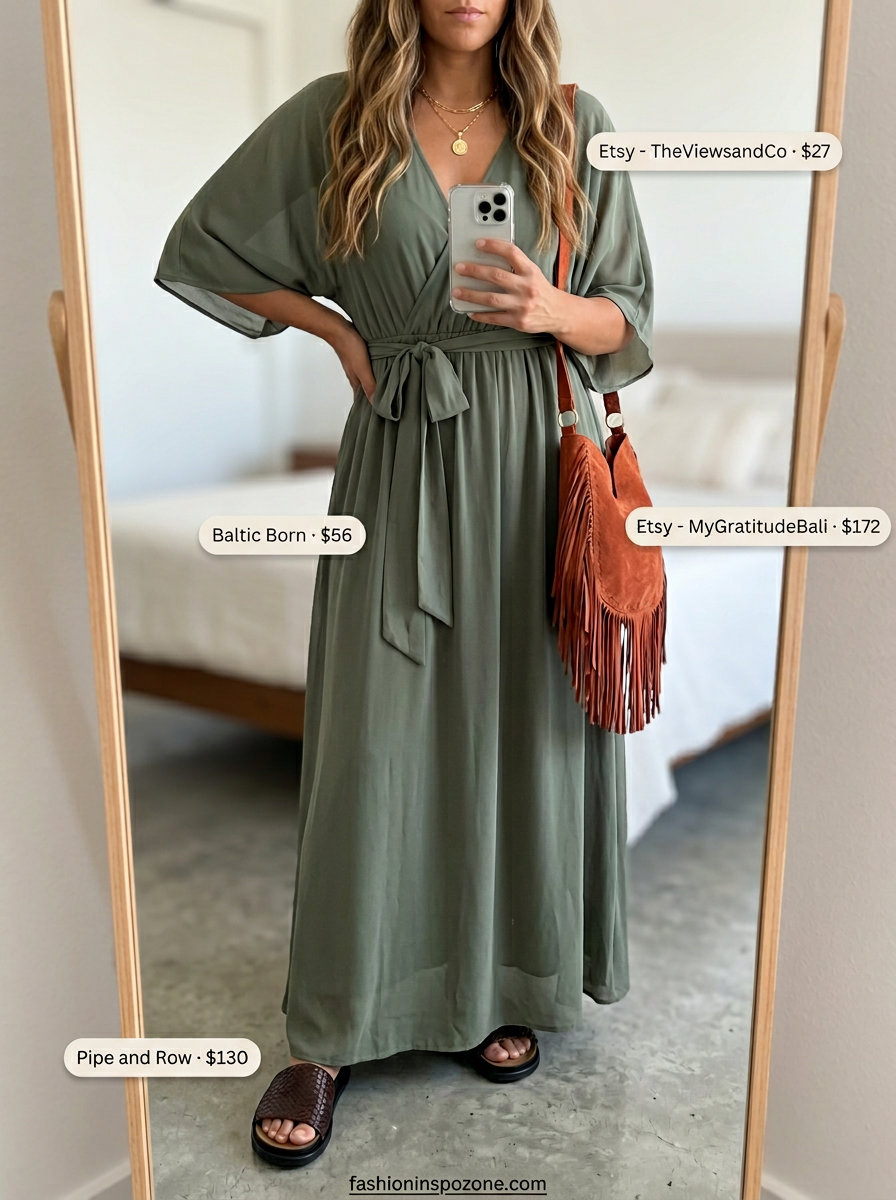 Olive green chiffon summer flowy maxi dress 2026 for lakeside retreat. Kimono sleeves, drawstring waist, paisley print, suede bag.