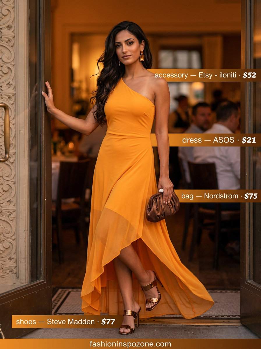 Peach ombre chiffon summer flowy maxi dress 2026 for beach vacation dinner. One-shoulder, cascading ruffle, heeled mules, satin clutch.