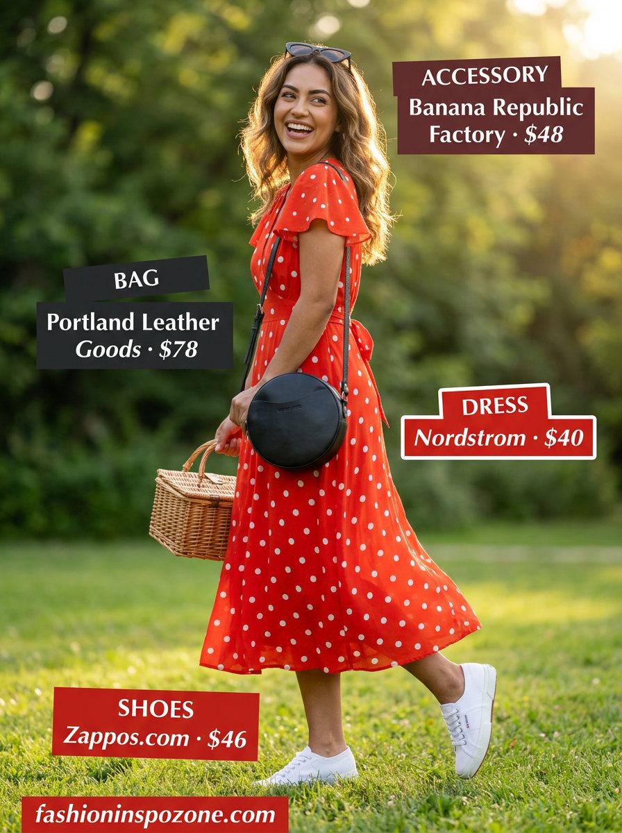 Red polka dot chiffon maxi dress for summer date nights and picnics 2026. Playful retro charm.