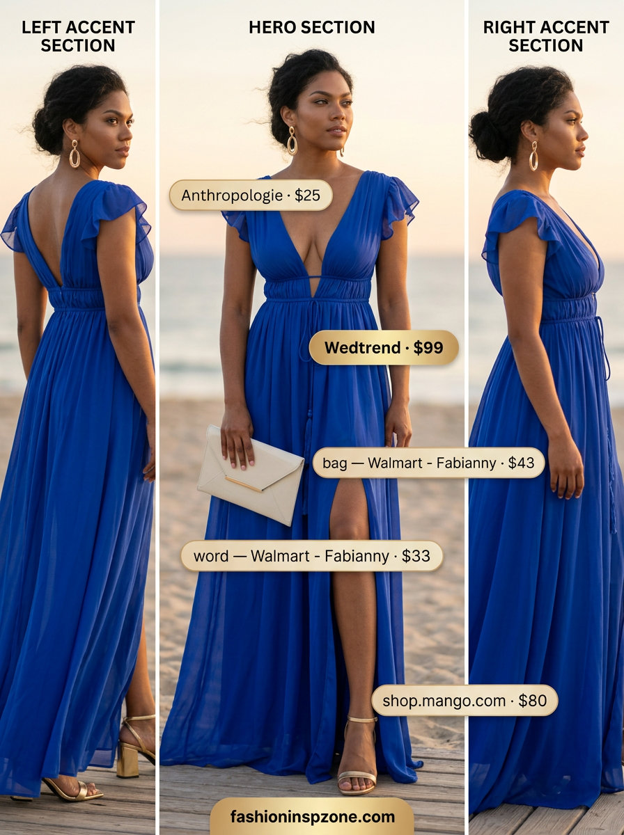 Cobalt blue chiffon maxi dress with V-neck for resort dinners and beachside cocktails 2026. Glamorous vibe.