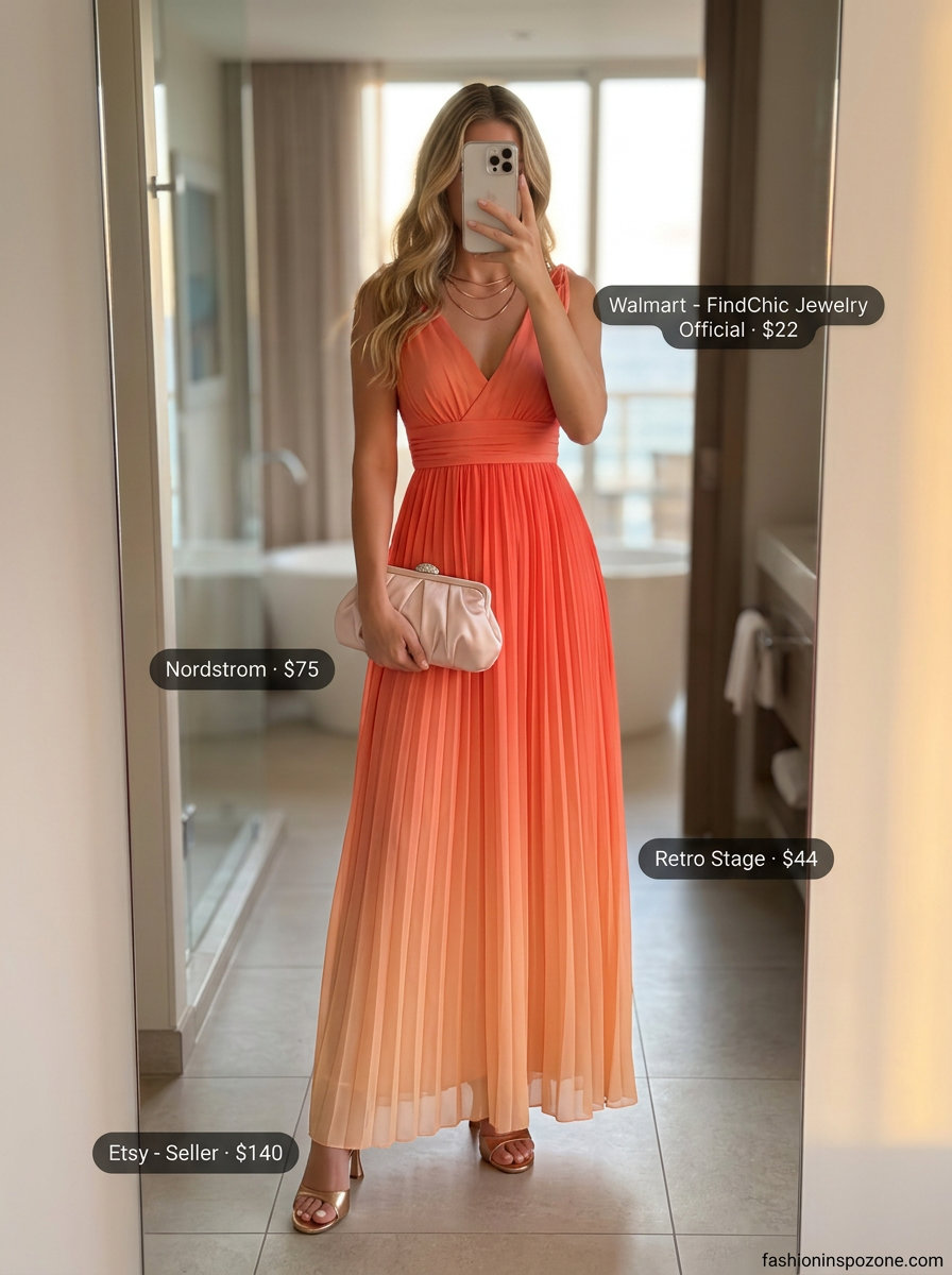 Peach to coral ombre chiffon flowy maxi dress for date night, paired with rose gold sandals and clutch.