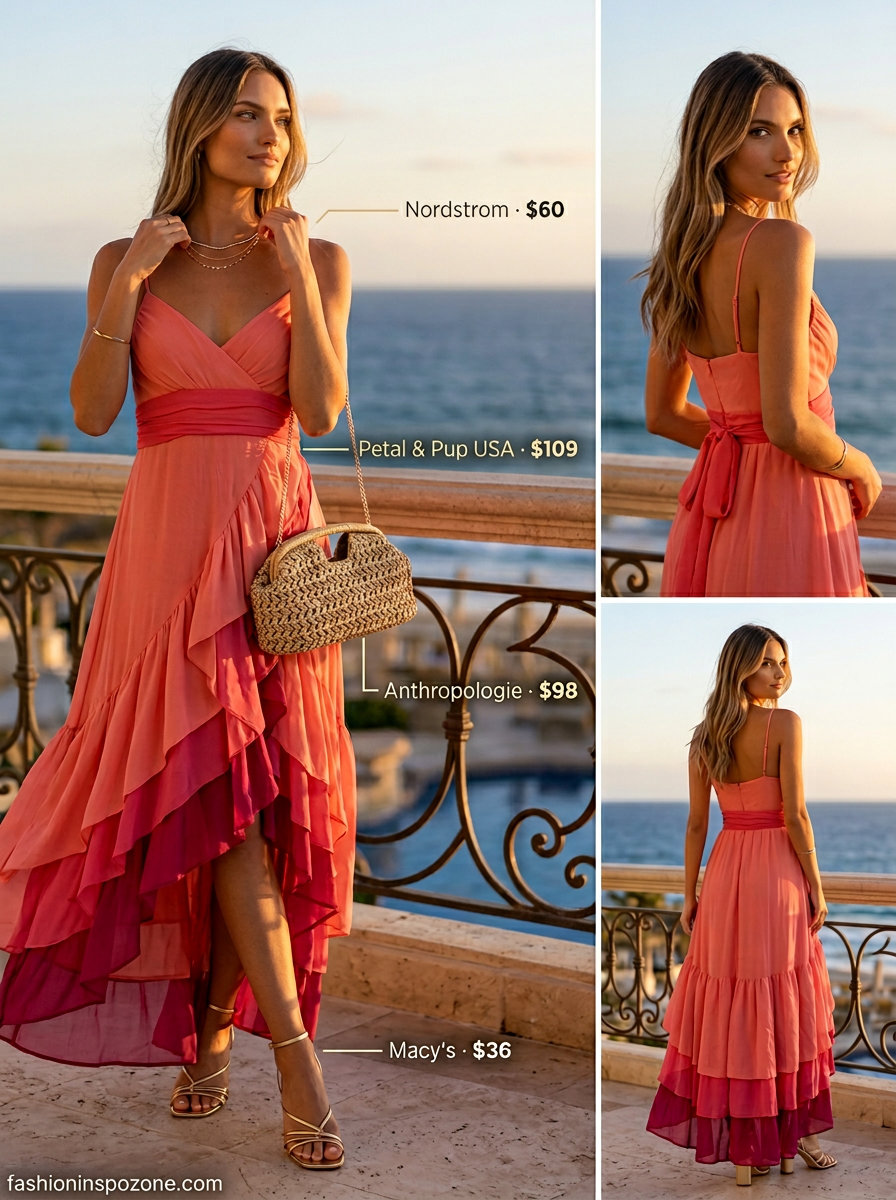Soft coral chiffon flowy maxi dress for beach weddings, paired with gold sandals and clutch.