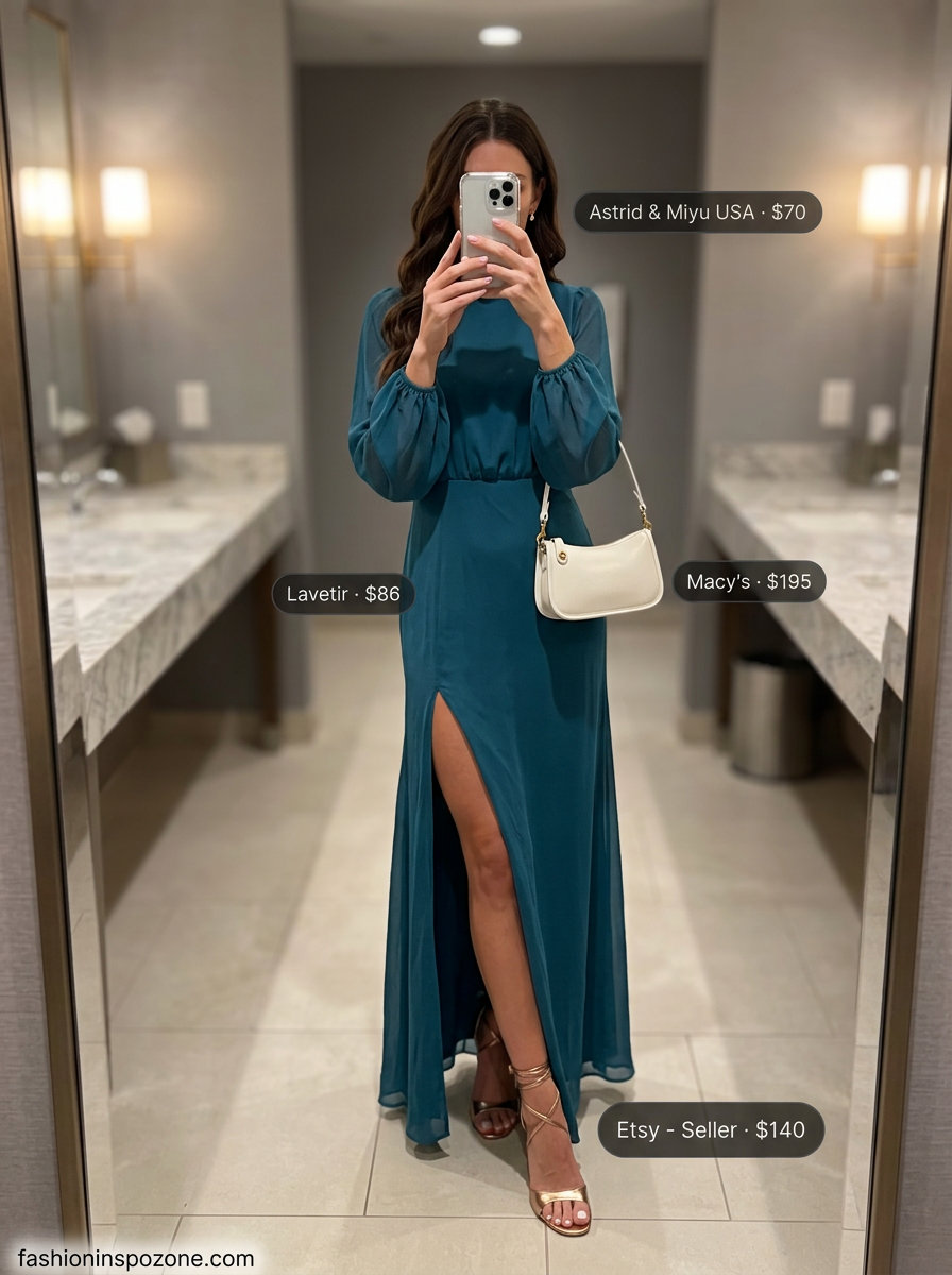 Deep teal chiffon high-neck maxi dress for evening receptions and formal dinners 2026. Sleek and sophisticated.