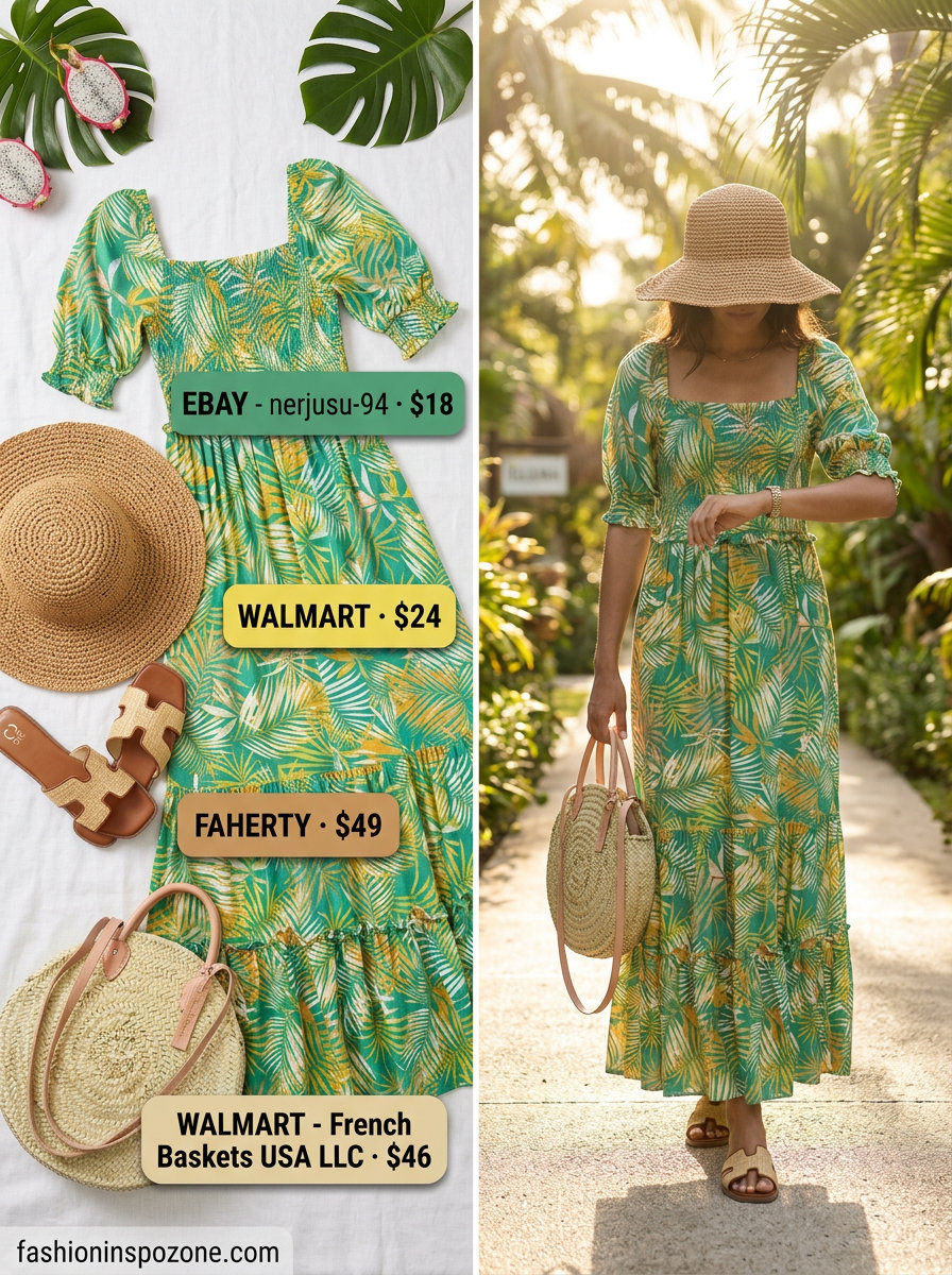 Forest green and yellow leaf print chiffon maxi dress for tropical vacations and resort events 2026.