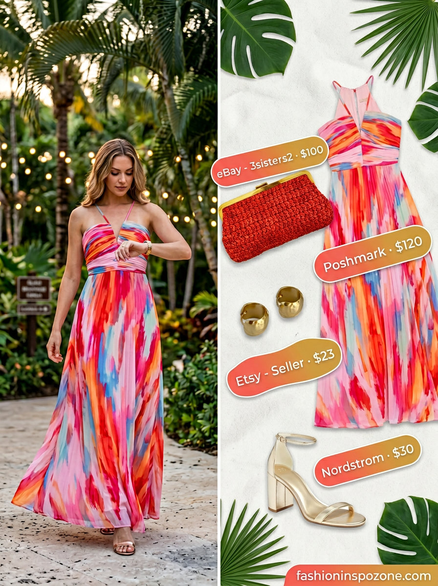 Turquoise abstract print chiffon summer flowy maxi dress 2026 for resort evening. Halter neckline, open back, gold hoops, woven clutch.