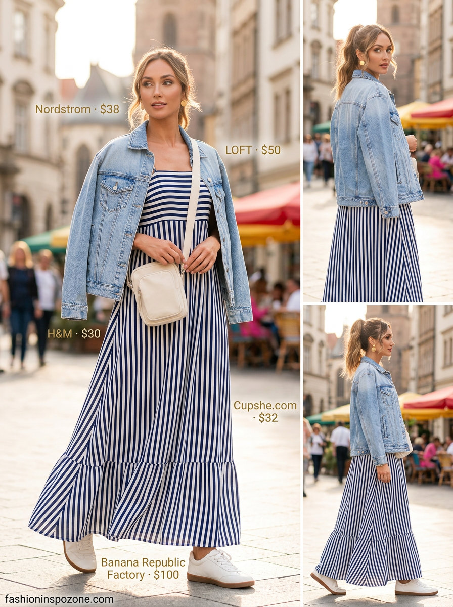 Navy and white stripe chiffon maxi dress for city sightseeing and casual weekends 2026. Effortless style.