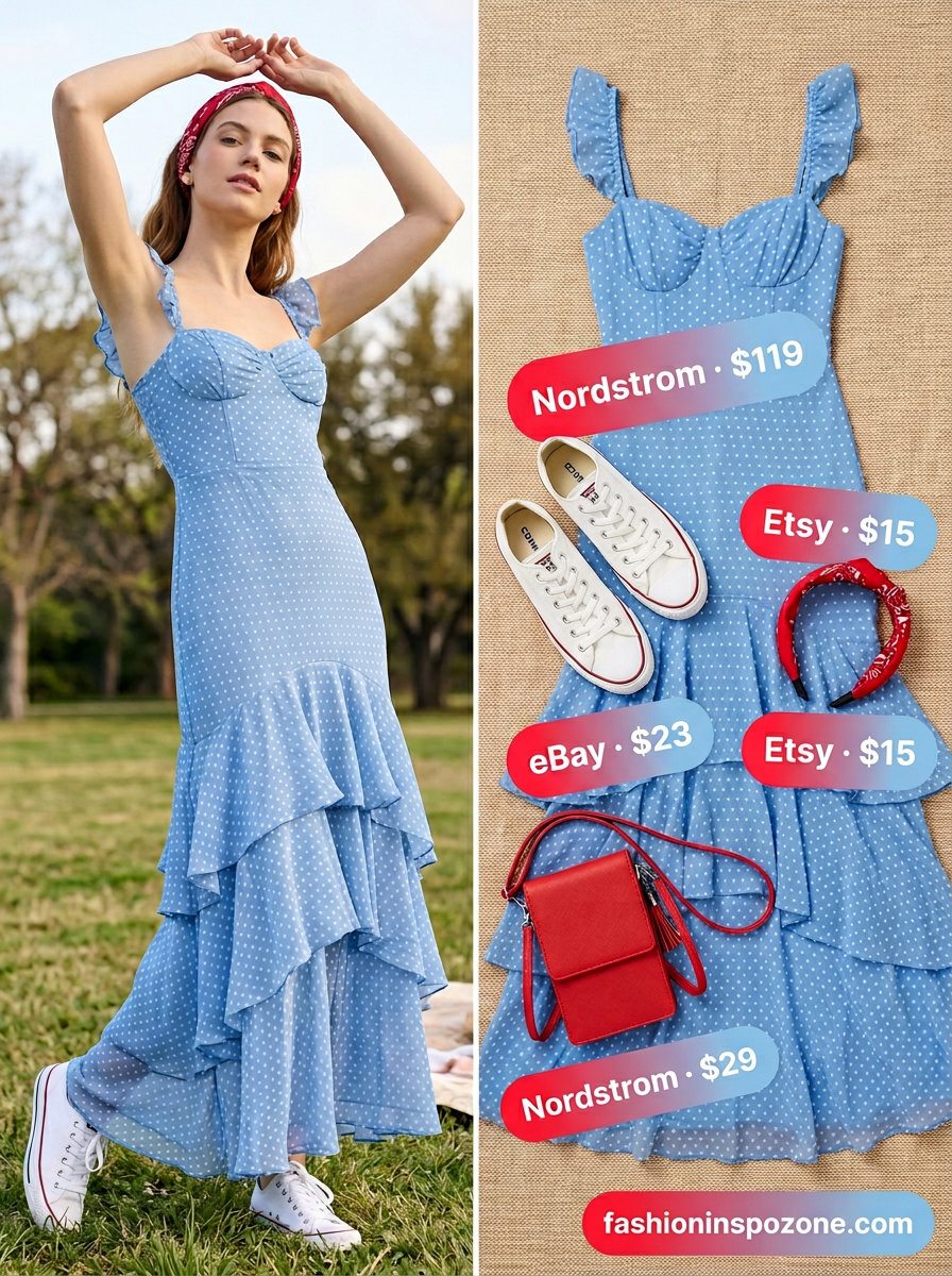 Sky blue polka dot chiffon flowy maxi dress for a summer picnic, styled with sneakers and bandana.