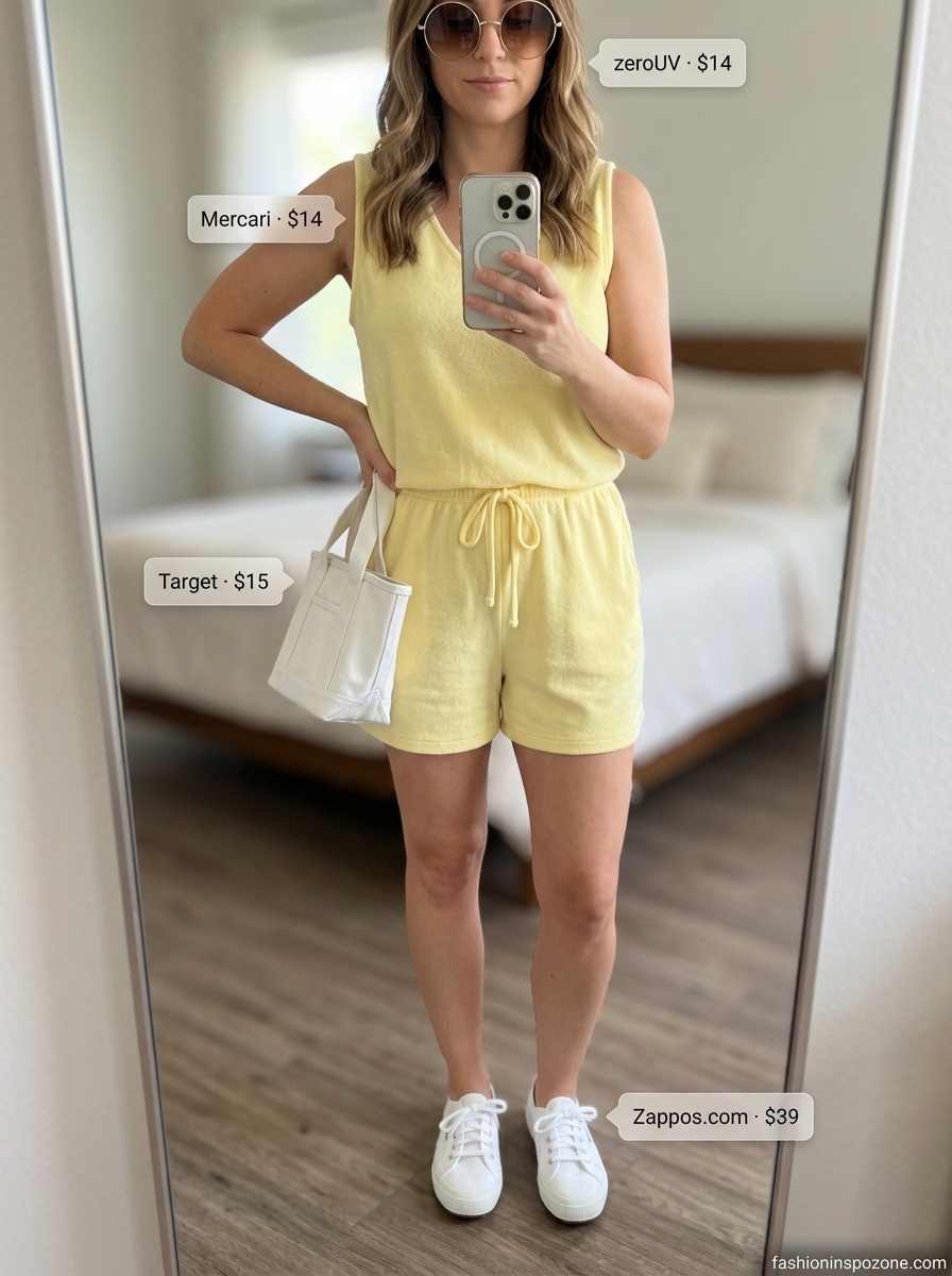 Sunny yellow terry cloth romper with white sneakers for comfy summer outfits for women 2026.