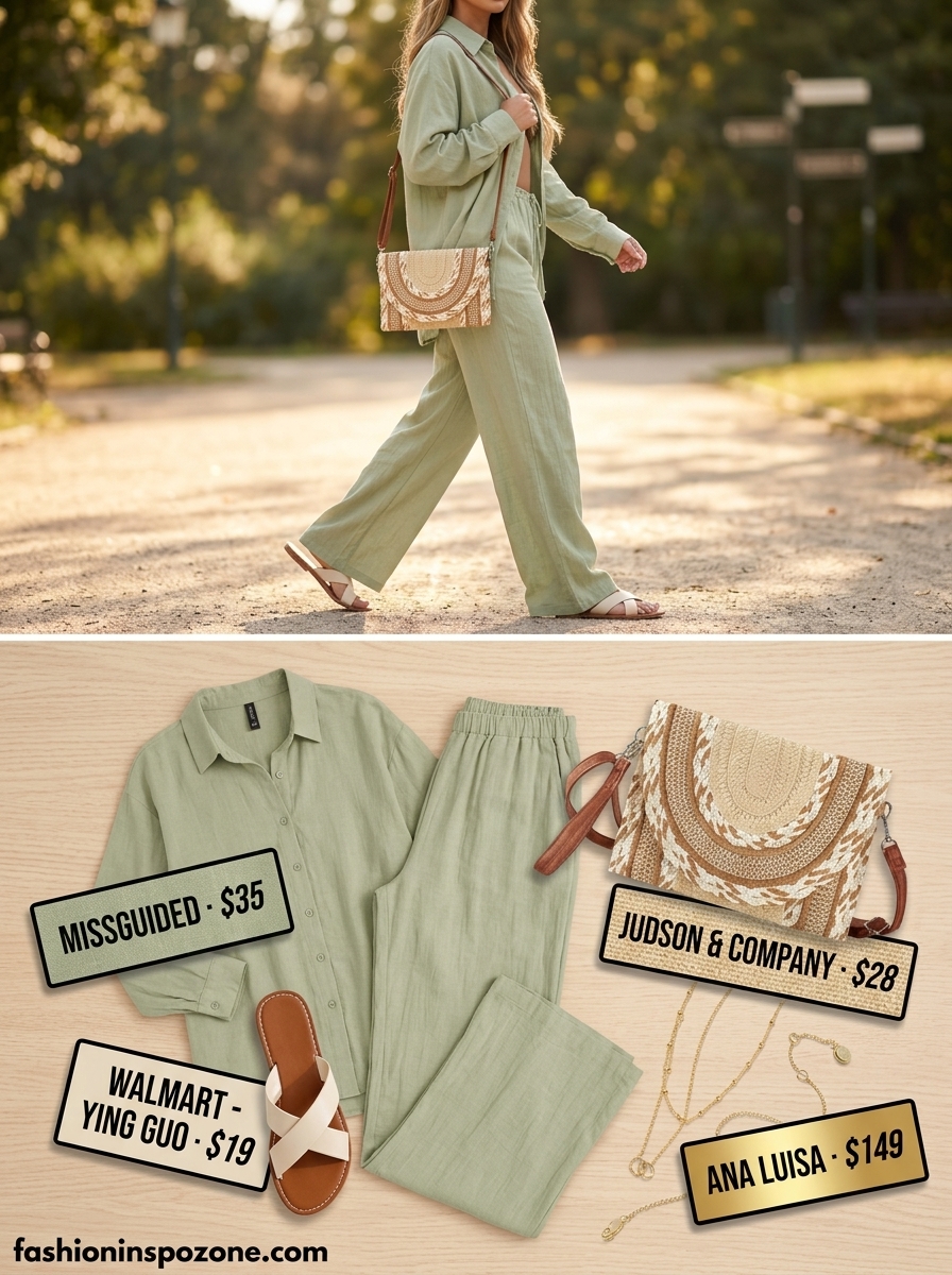 Cute casual Friday summer outfits for women 2026: Sage green linen matching set, straw clutch, beige sandals for resort style.
