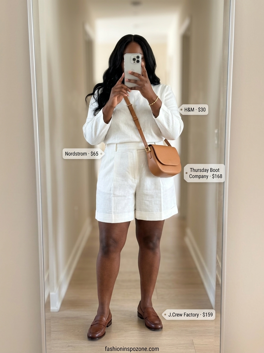Cute curvy outfit summer for women 2026: White linen shorts set, loafers, and crossbody bag for smart casual.