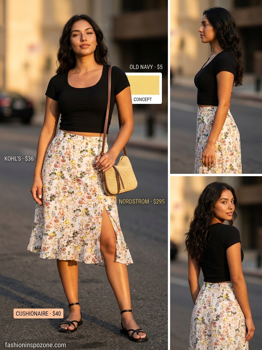 Cute curvy outfit summer for women 2026: Floral midi skirt, black crop top, and sandals for a playful day out.