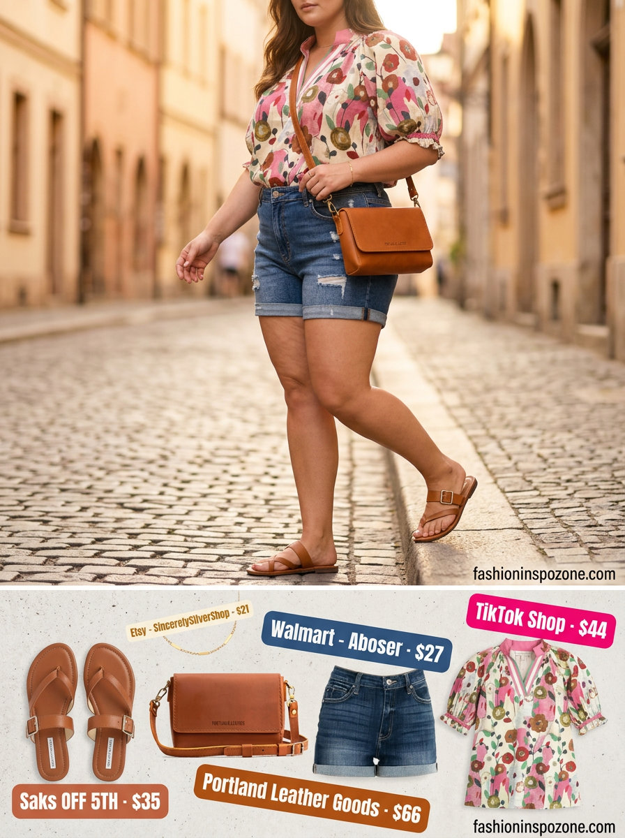 Cute curvy outfit summer for women 2026: Denim shorts with floral blouse for a sunny day out.