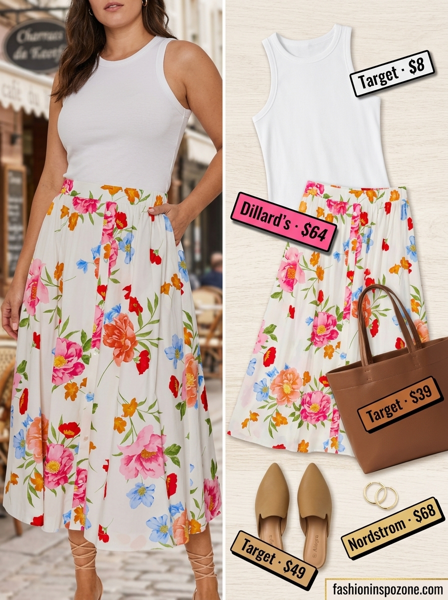 Cute curvy outfit summer for women 2026: Floral midi skirt with white tank for brunch.