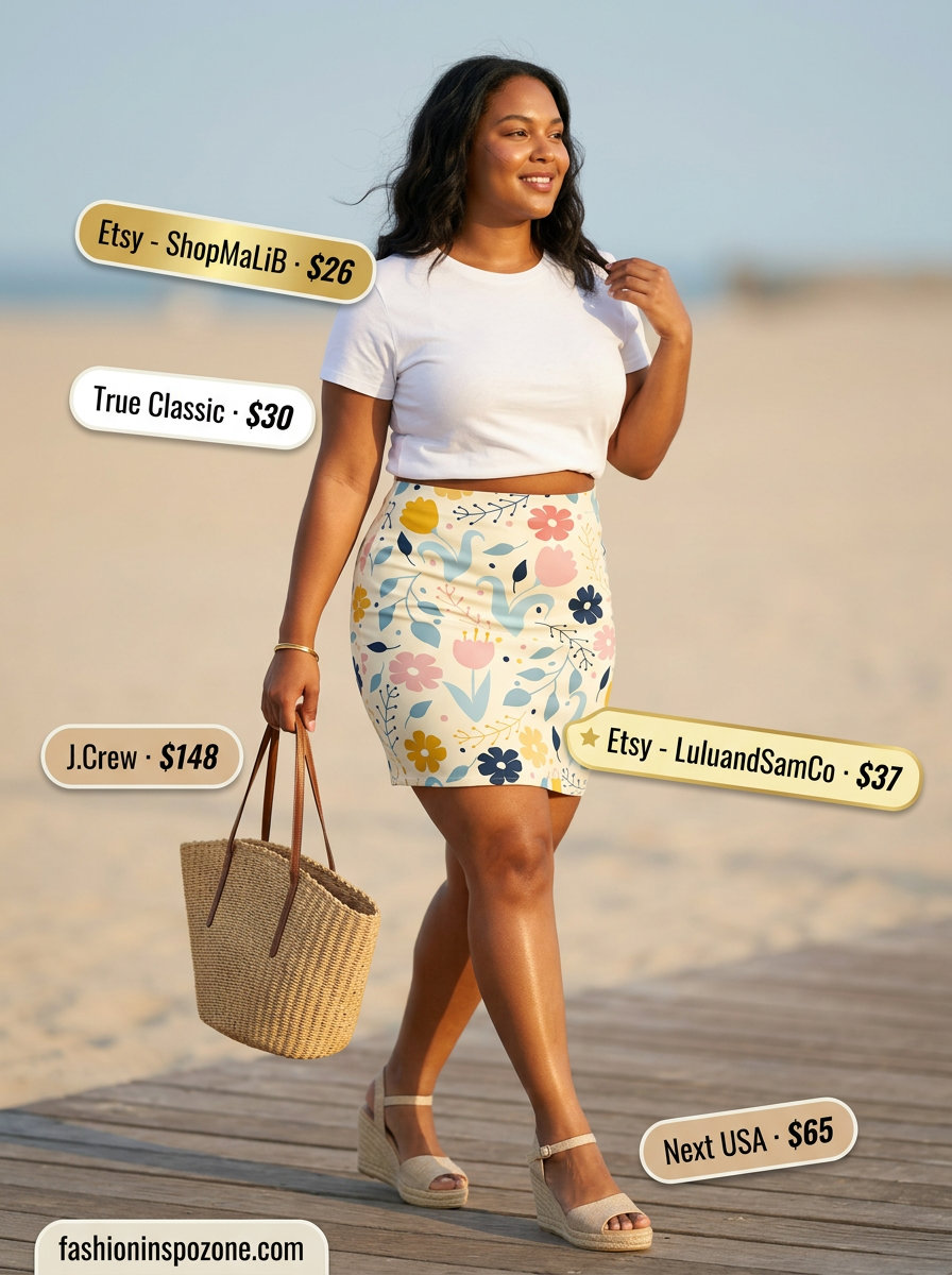 Cute curvy outfit summer for women 2026: Floral mini skirt with white tee for playful days.