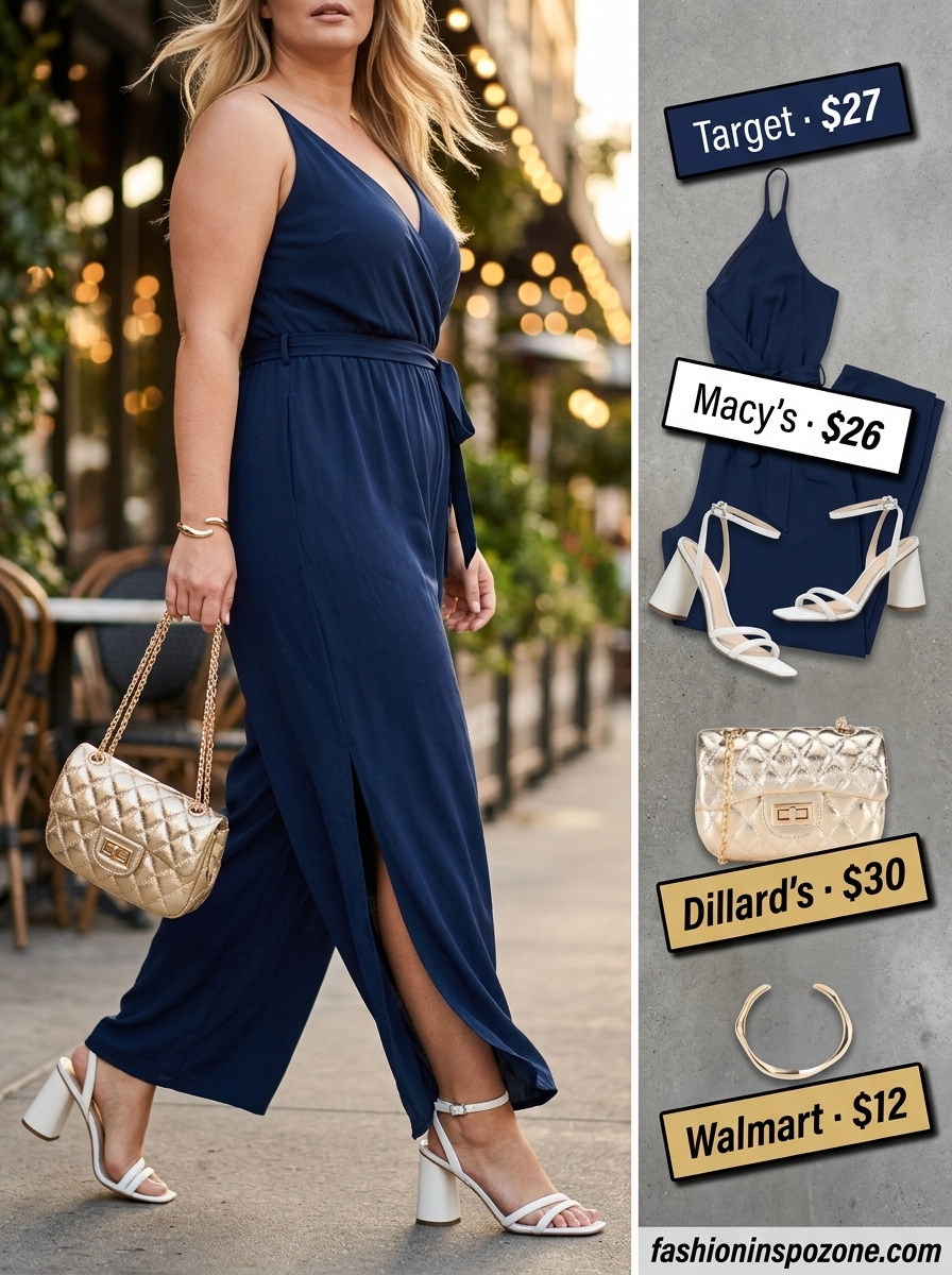 Cute curvy outfit summer for women 2026: Navy wide-leg jumpsuit for chic evenings.