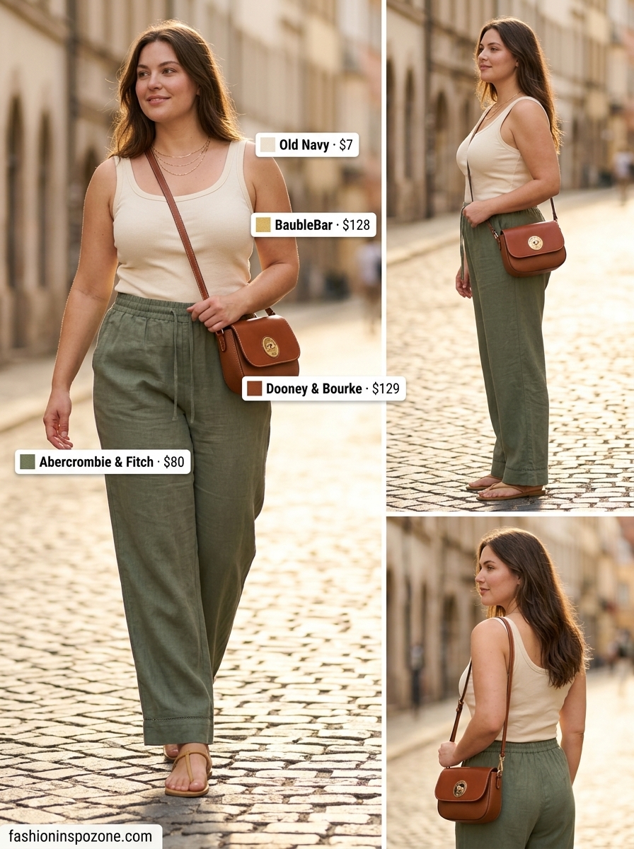 Cute curvy outfit summer for women 2026: Olive green linen pants and cream knit top for casual evenings.