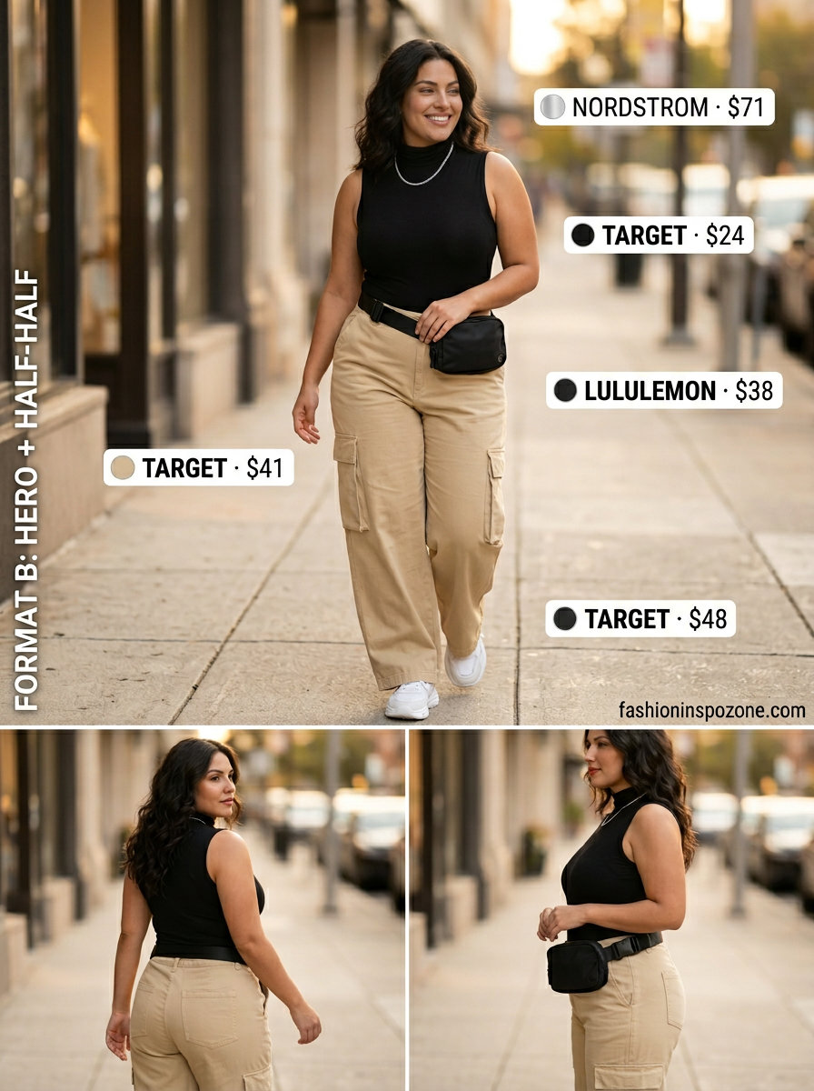 Cute curvy outfit summer for women 2026: Beige cargo pants, black bodysuit, and chunky sneakers for street style.