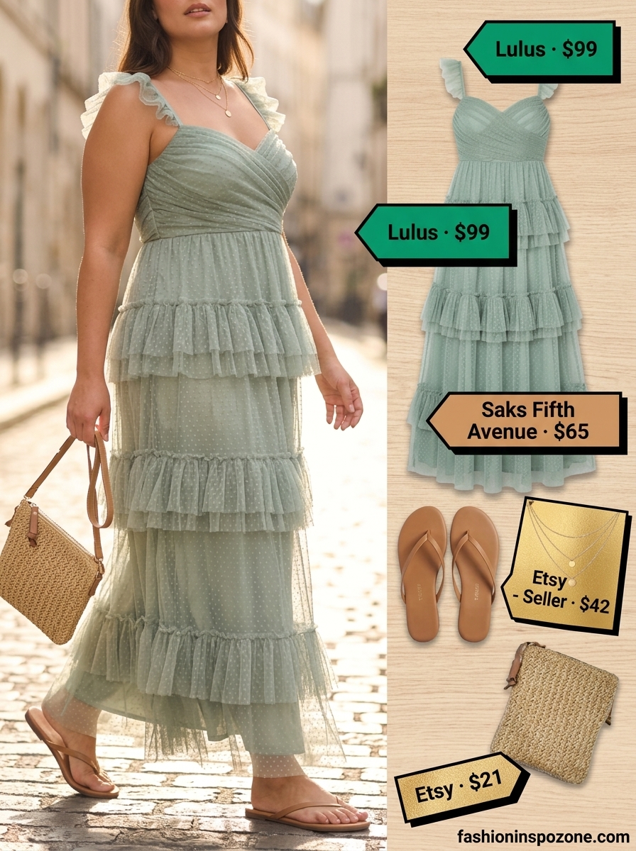 Cute curvy outfit summer for women 2026: Sage green maxi dress for relaxed evenings.