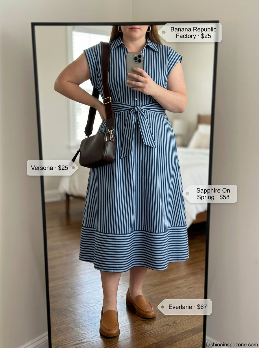 Cute curvy outfit summer for women 2026: Navy and white striped midi dress for casual chic.