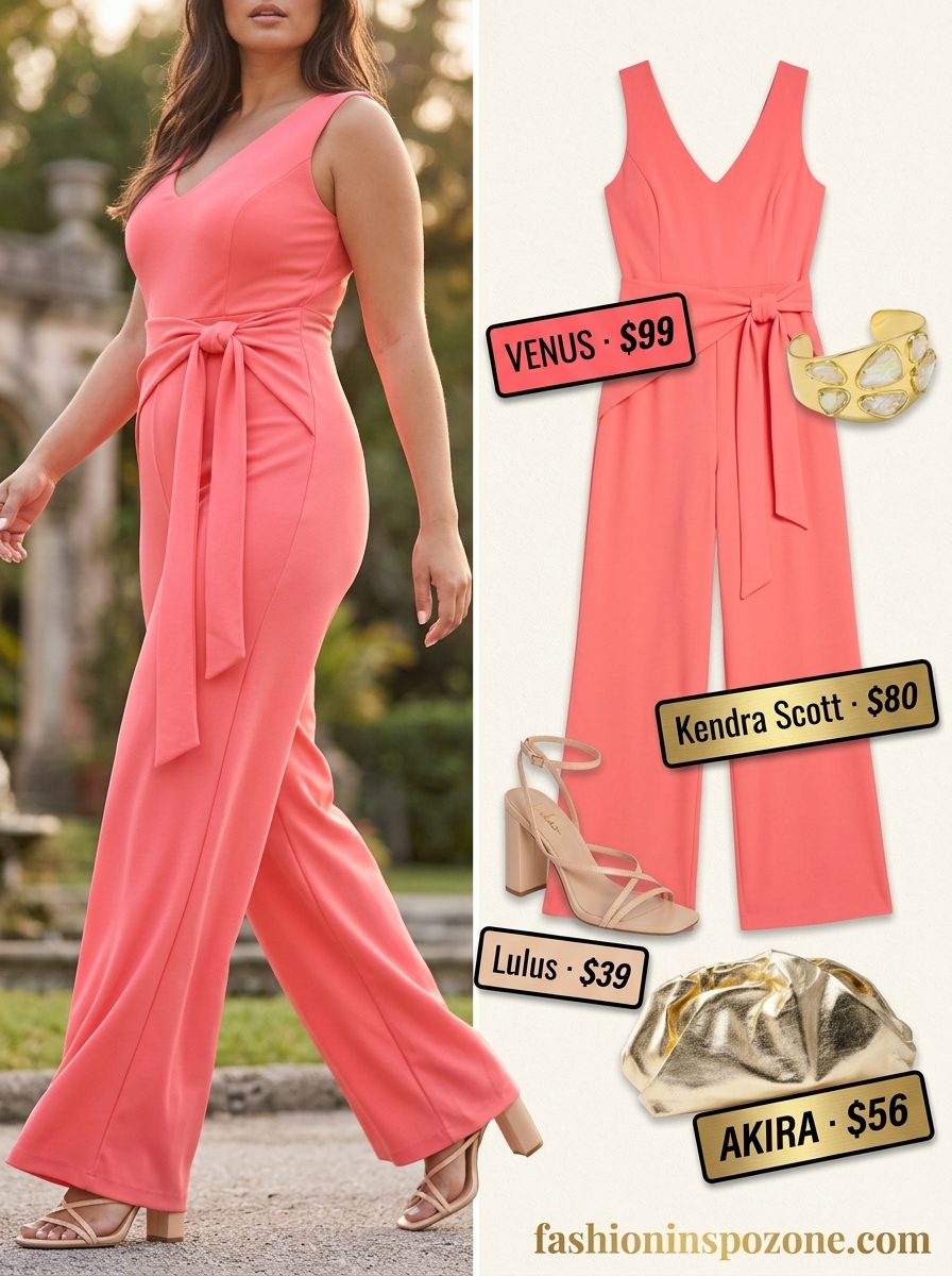 Cute curvy outfit summer for women 2026: Coral wide-leg jumpsuit, gold clutch, and heeled sandals for an evening event.