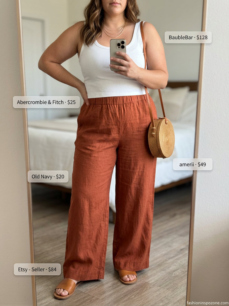 Cute curvy outfit summer for women 2026: Terracotta linen pants, cream tank, and straw bag for a relaxed evening.
