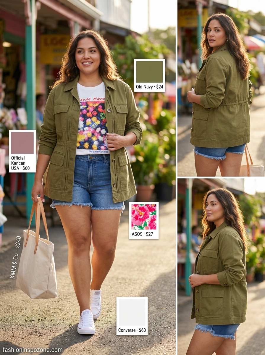 Cute curvy outfit summer for women 2026: Denim shorts, graphic tee, utility jacket, and sneakers for a casual day out.