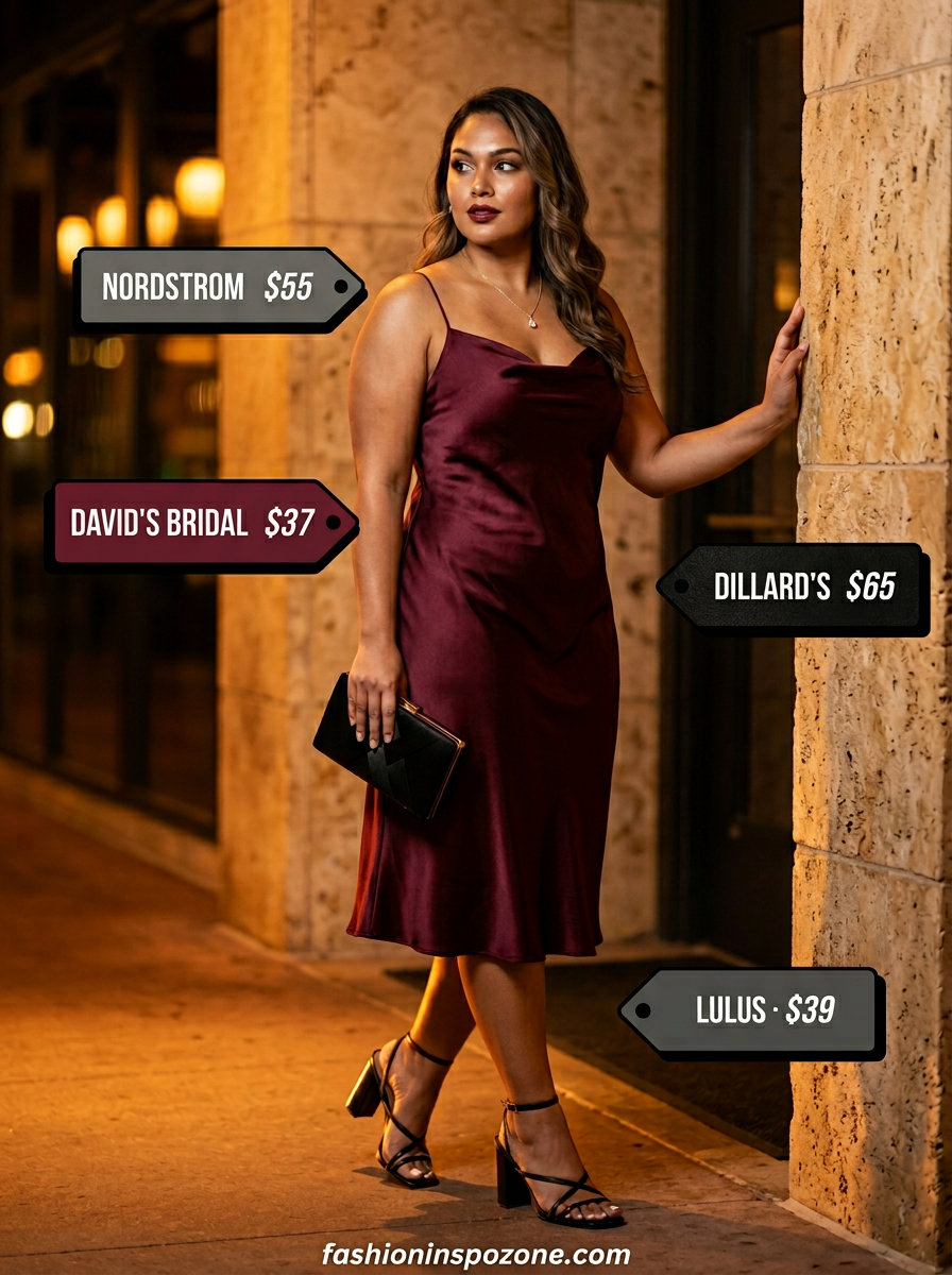 Cute curvy outfit summer for women 2026: Burgundy slip dress with black heels and gold necklace for date night.