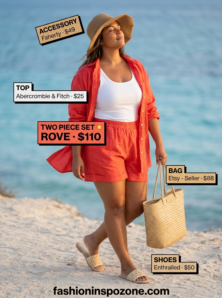 Cute curvy outfit summer for women 2026: Coral linen shorts set with white tank and straw accessories.