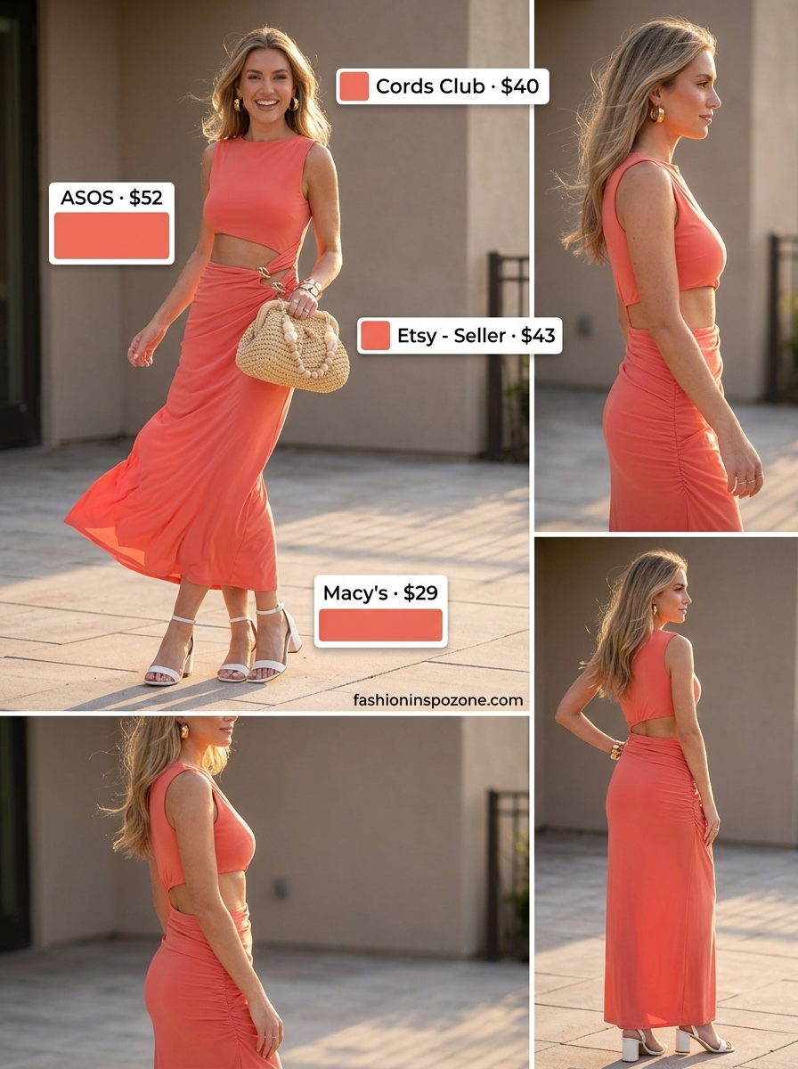 Cute curvy outfit summer for women 2026: Coral maxi dress with cut-out, white block heels, and straw clutch.