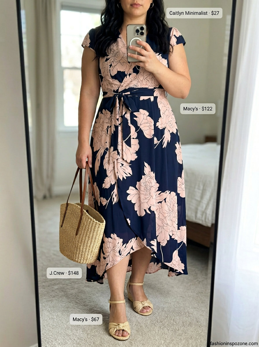 Cute curvy outfit summer for women 2026: Cobalt blue floral midi wrap dress with espadrilles and straw tote.
