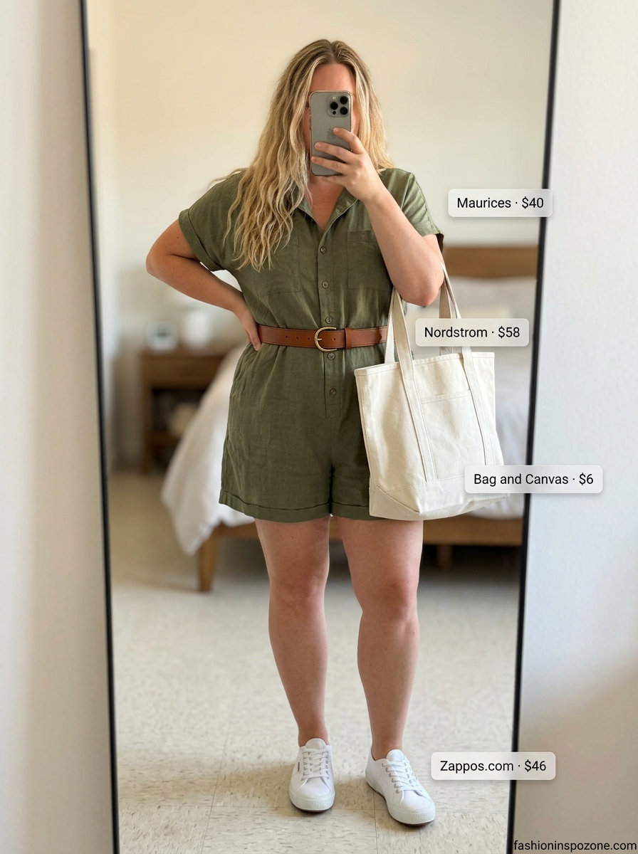 Cute curvy outfit summer for women 2026: Khaki utility romper with white sneakers and brown belt for casual weekend.