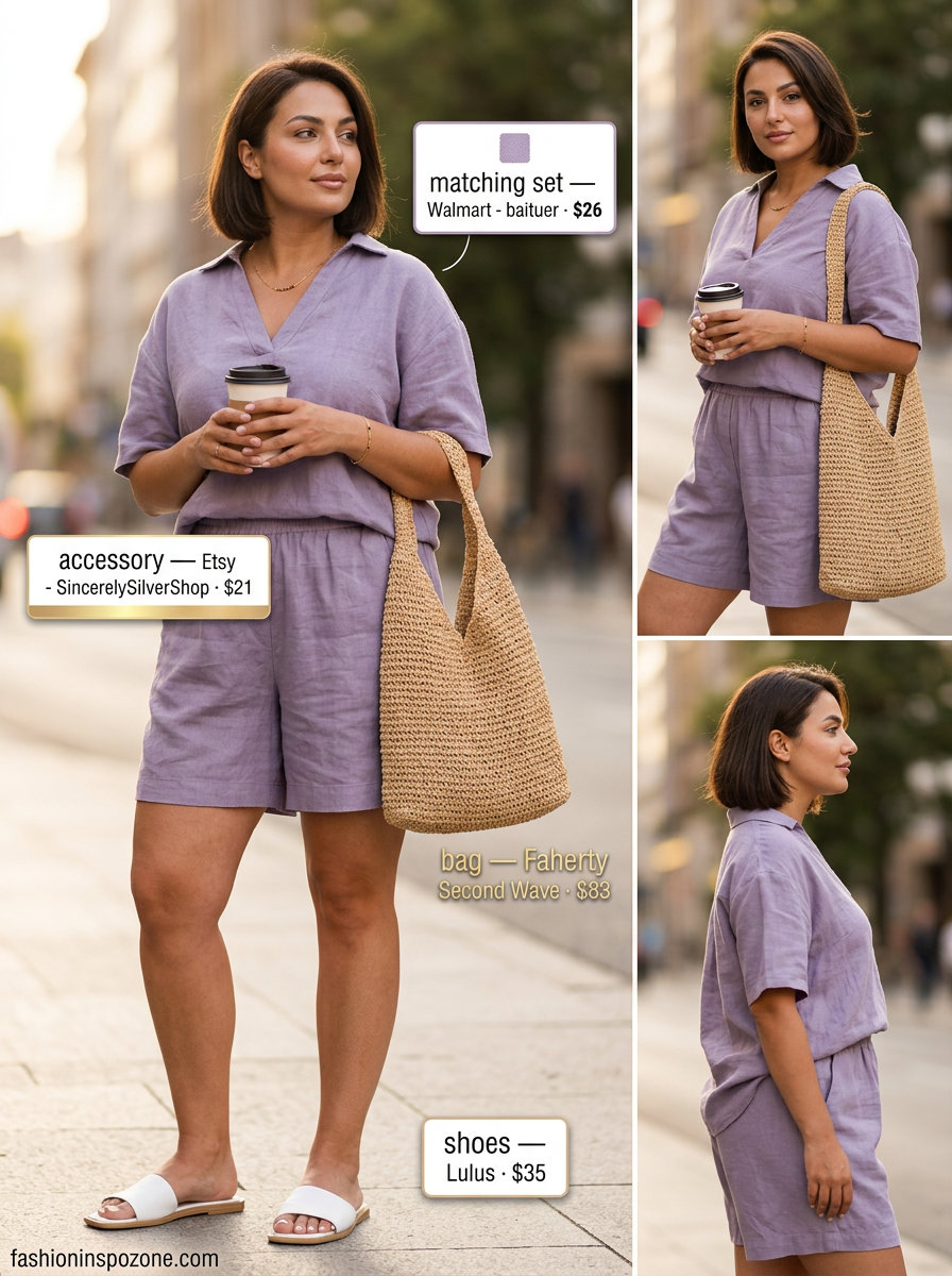 Cute curvy outfit summer for women 2026: Lavender linen set with white sandals and raffia tote.