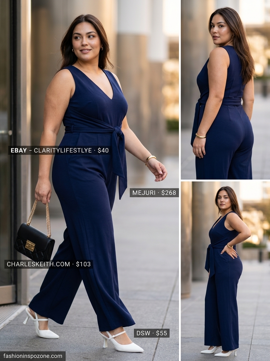 Cute curvy outfit summer for women 2026: Navy wide-leg jumpsuit with white mules and gold jewelry.