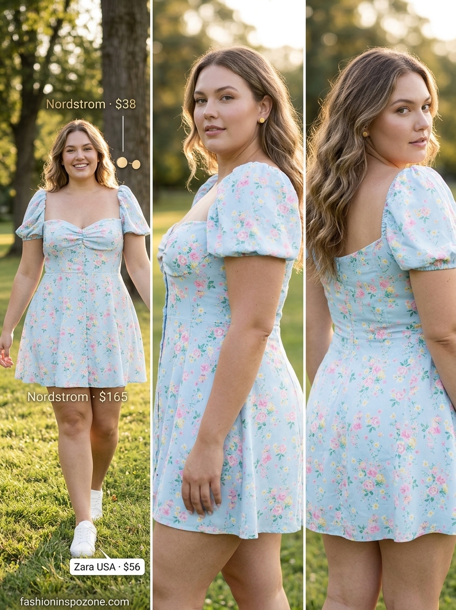 Cute curvy outfit summer for women 2026: Pastel blue puff-sleeve mini sundress with white sneakers and crossbody.