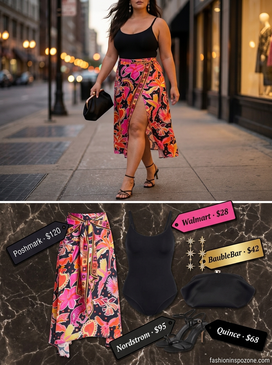 Cute curvy outfit summer for women 2026: Orange/pink abstract wrap skirt with black bodysuit and sandals.