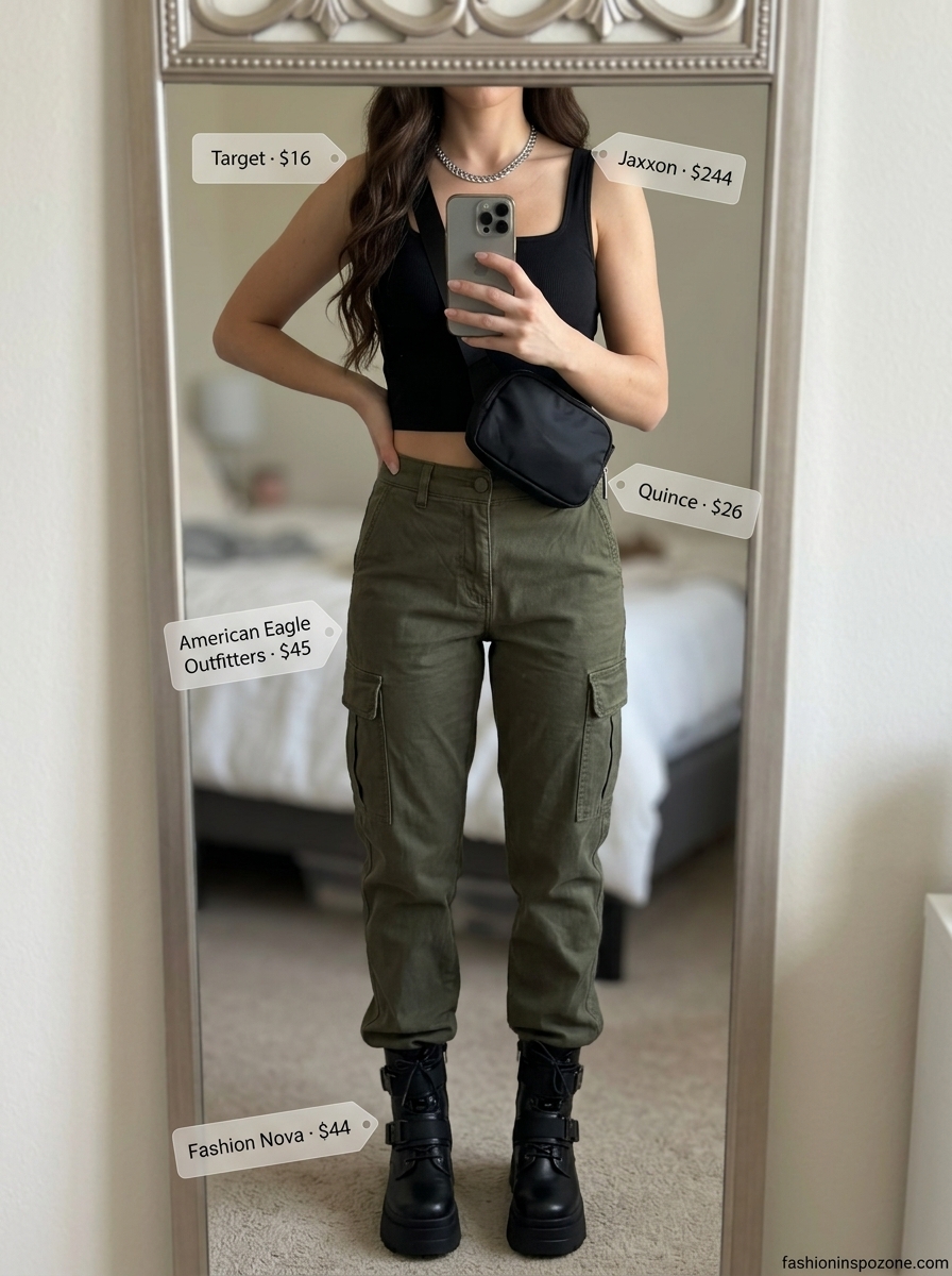 Cute outfit inspo summer for women 2026: Olive cargo pants with black crop top, combat boots, and silver necklace.