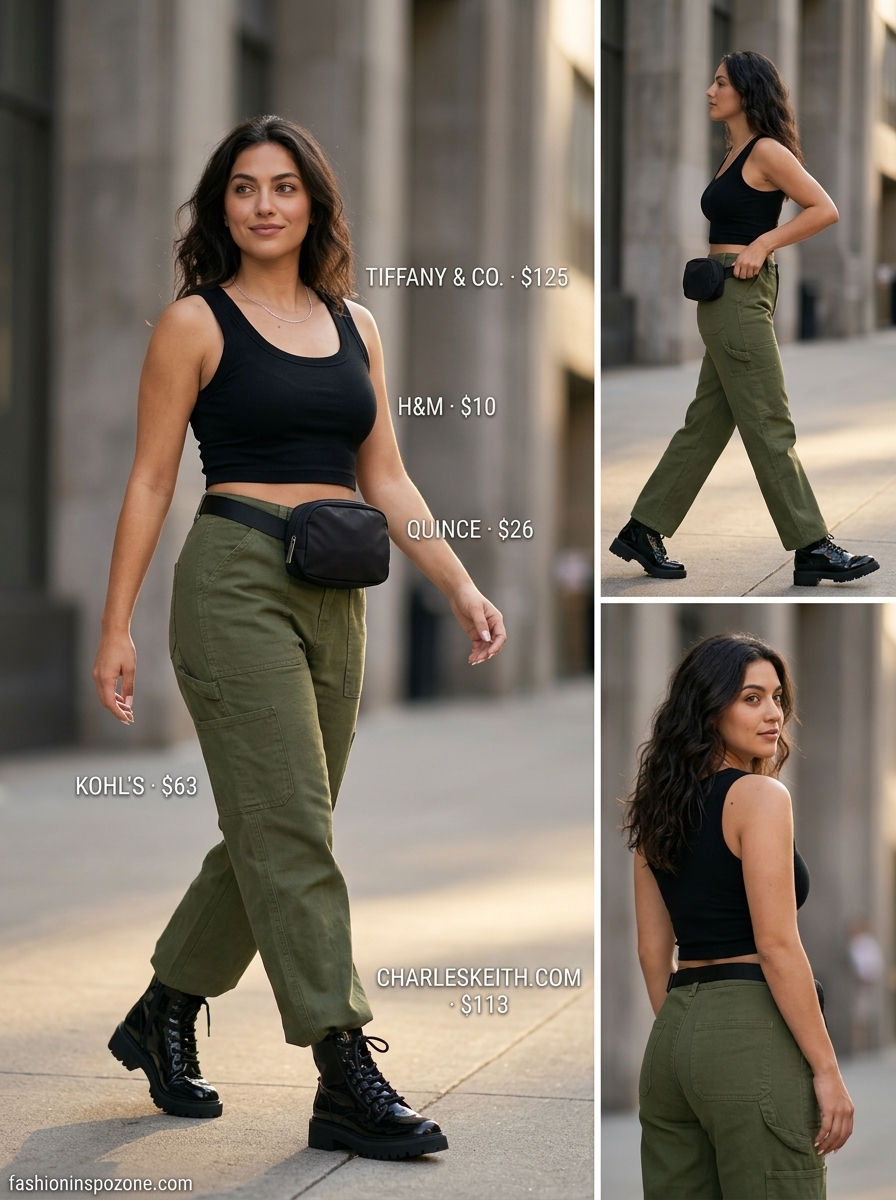 Cute outfit inspo summer for women 2026: Olive green cargo pants, black cropped tank, and combat boots for utility style.
