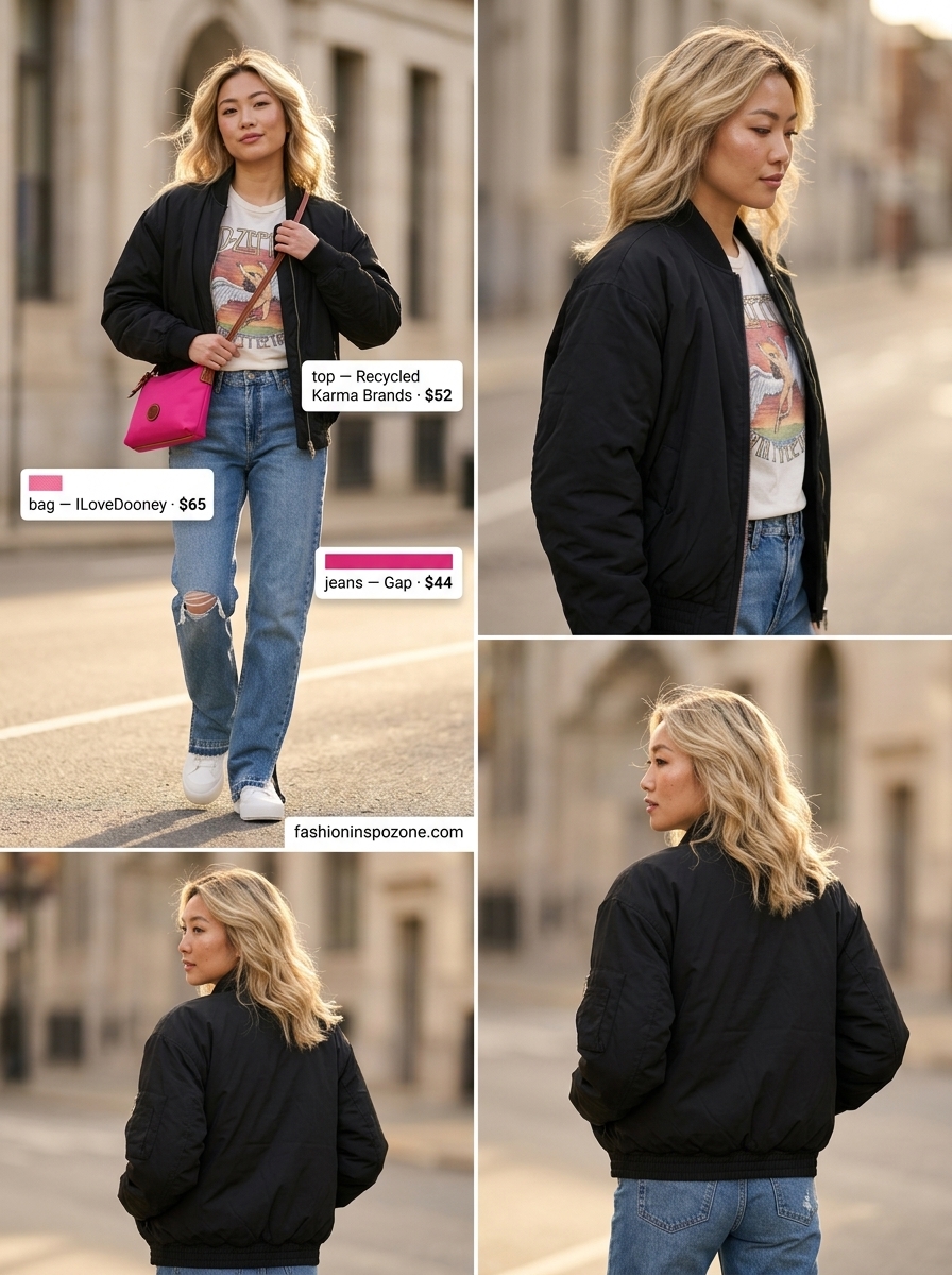 Cute outfit inspo summer for women 2026: Denim jeans, graphic tee, bomber jacket, and sneakers for urban style.