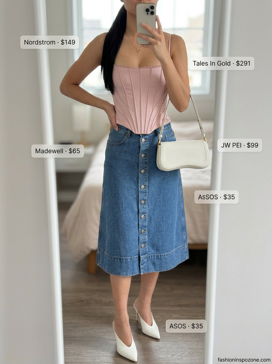 Cute outfit inspo summer for women 2026: Denim A-line skirt with blush corset top, white mules, and gold necklace.