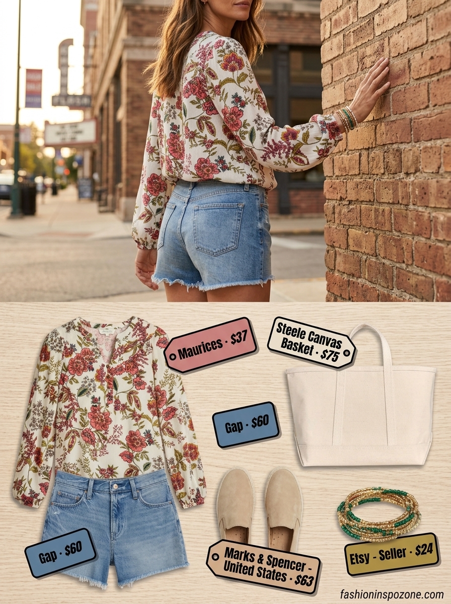 Cute outfit inspo summer for women 2026: Floral blouse, denim shorts, espadrilles. Playful and casual for weekend outings.