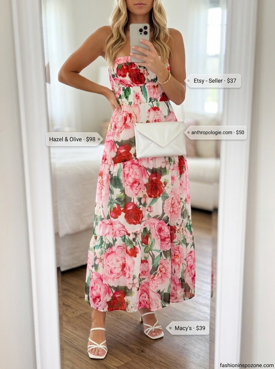 Cute outfit inspo summer for women 2026: Floral maxi dress with white clutch and heeled sandals for date night.