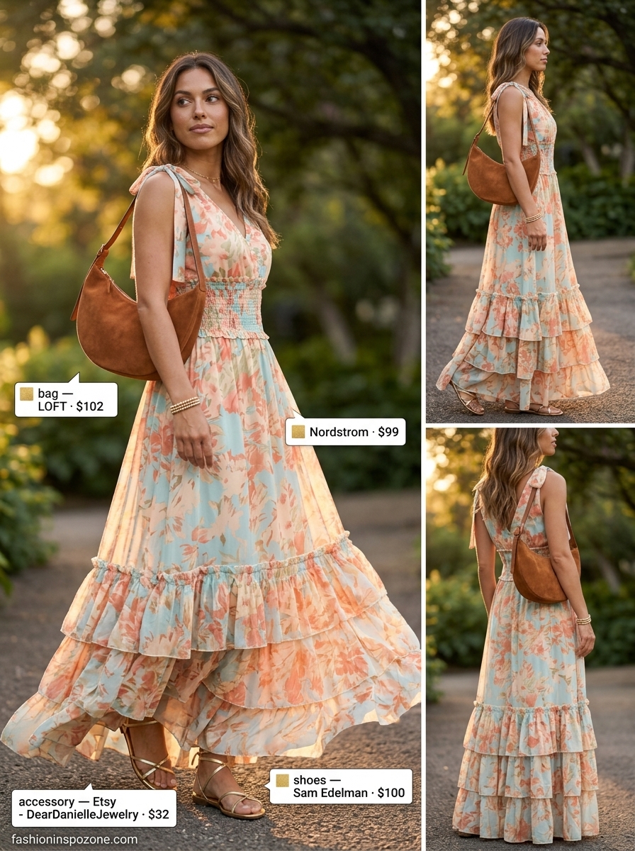 Cute outfit inspo summer for women 2026: Coral floral maxi dress with suede bag and layered bracelets.