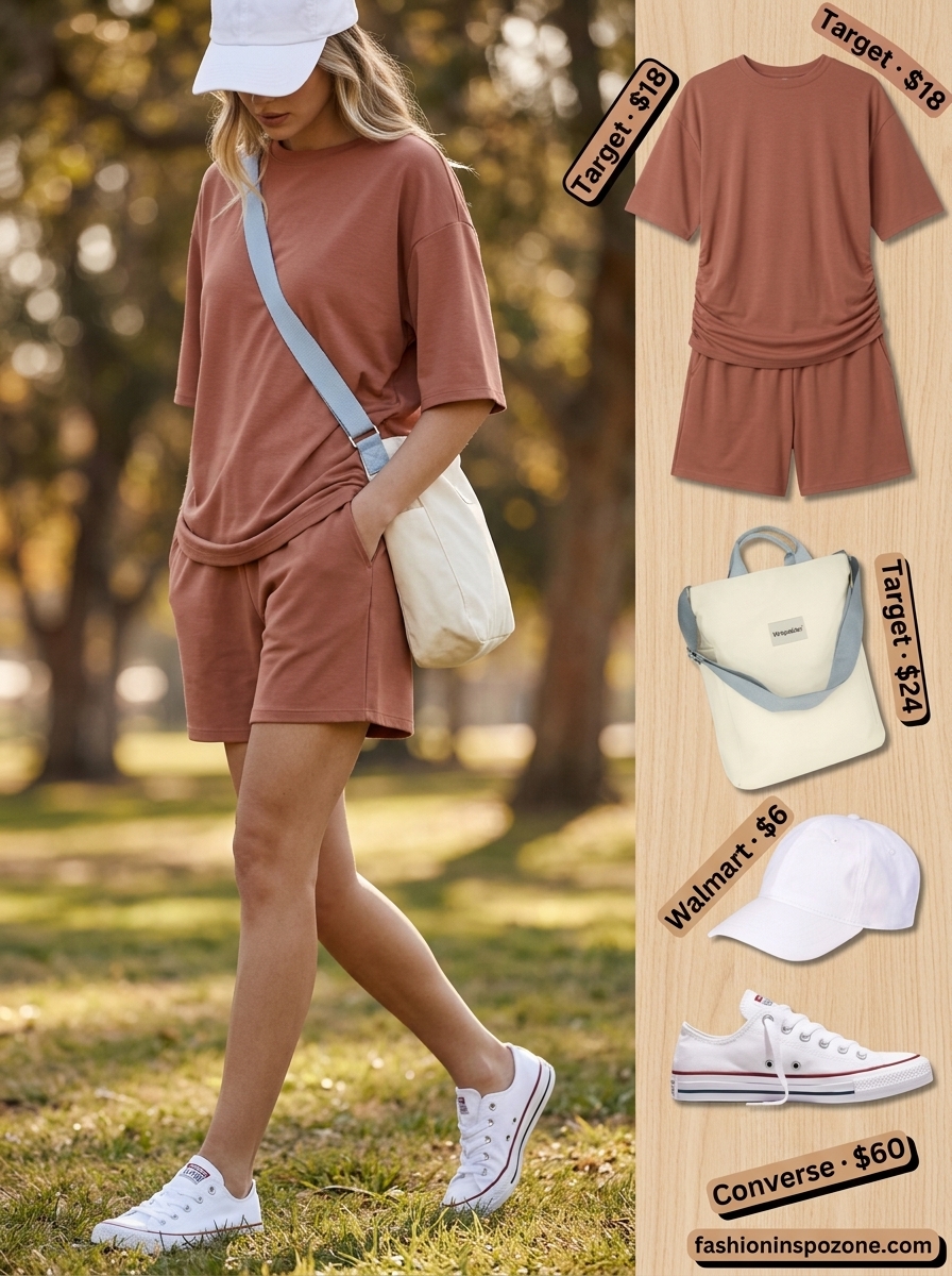 Cute outfit inspo summer for women 2026: Terracotta knit matching set, white sneakers, canvas tote. Perfect loungewear or travel outfit.