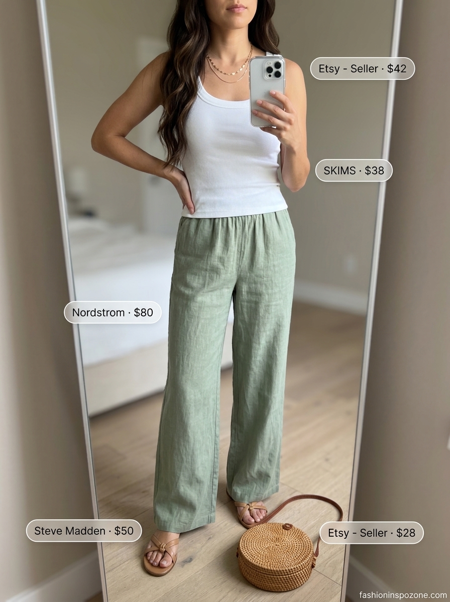 Cute outfit inspo summer for women 2026: Sage green linen pants with cream tank, straw bag, and layered gold necklaces.