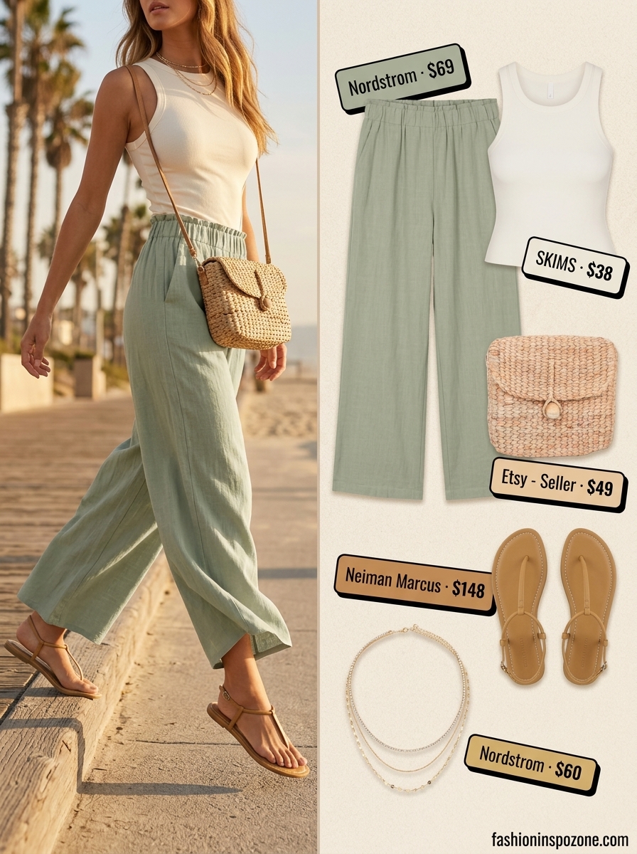 Cute outfit inspo summer for women 2026: Sage green linen pants, cream tank, straw bag. Effortless coastal style for summer evenings.