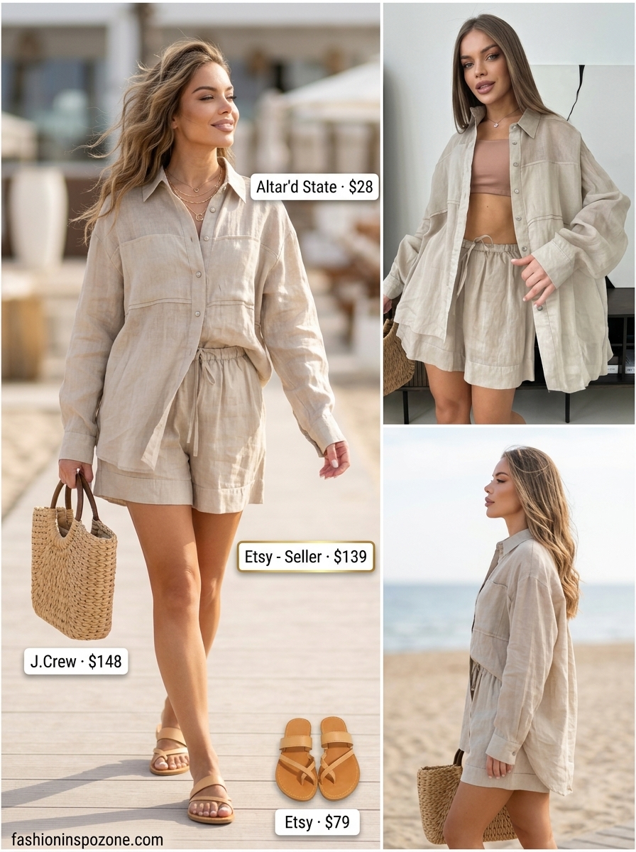 Cute outfit inspo summer for women 2026: Cream linen set with straw bag and gold jewelry for beach day.