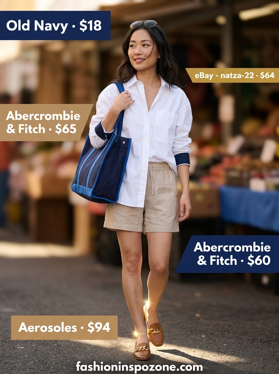 Cute outfit inspo summer for women 2026: Beige linen shorts, white oversized shirt, and loafers for travel.