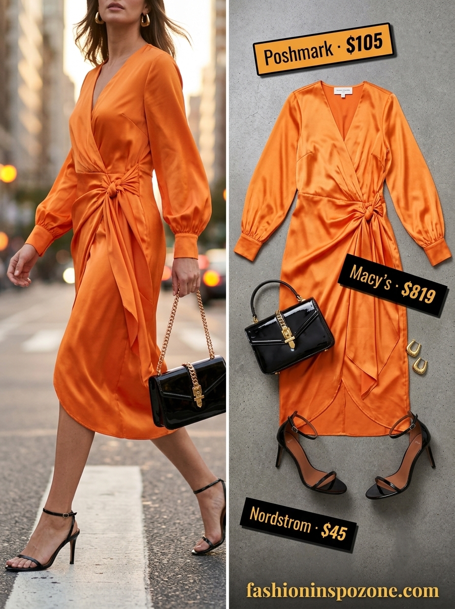 Cute outfit inspo summer for women 2026: Vibrant mango orange midi wrap dress with black heels for date night.